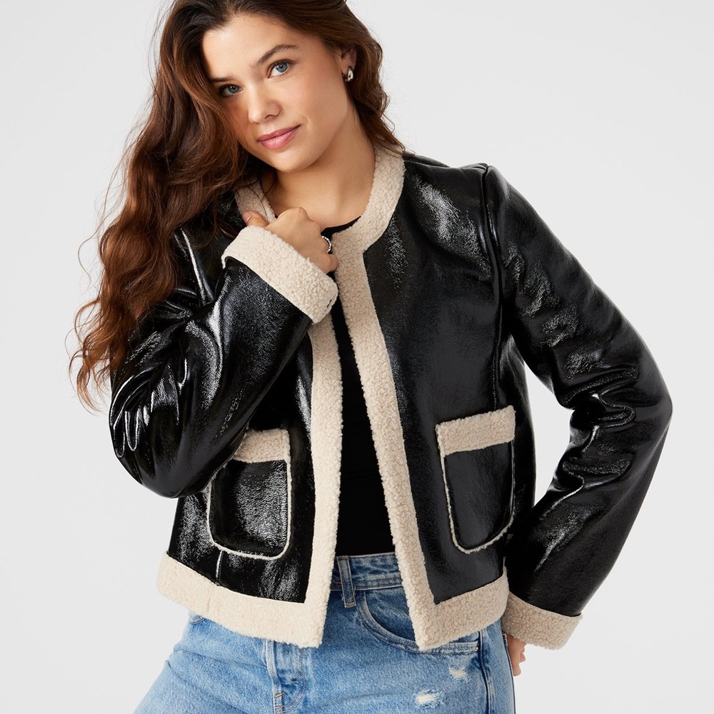 Steve Madden Shiny Black and Cream Teddy Jacket